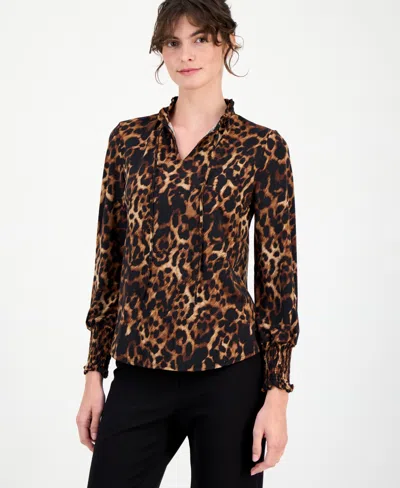 Anne Klein Petite Ruffled-neck Smocked-cuff Top In Animal Print