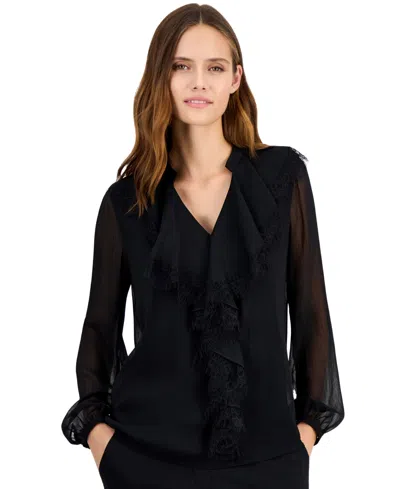 Anne Klein Petite Ruffled-neck Long-sleeve Sheer Chiffon Blouse In Pattern