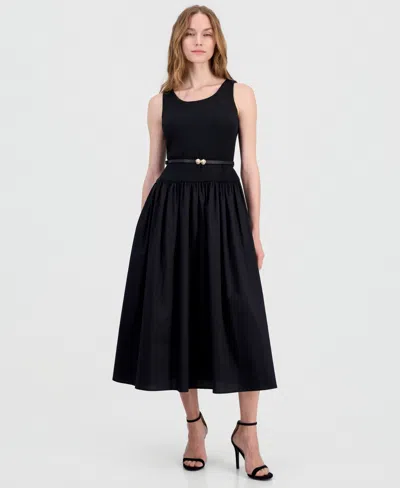 Anne Klein Petite Scoop Neck Drop Waist Midi Dress In Black