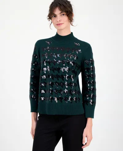 Anne Klein Petite Sequin Houndstooth Mock-neck Sweater In Black
