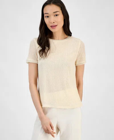 Anne Klein Petite Sequin Mesh Short-sleeve T-shirt In Brown