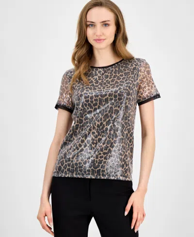 Anne Klein Petite Sequin Printed Short-sleeve Mesh Top In Black