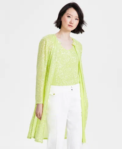 Anne Klein Petite Sequined Long Side-slit Cardigan In Sprout