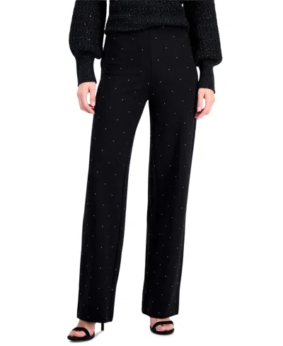 Anne Klein Petite Serenity Embellished High-waisted Wide-leg Pants In Black