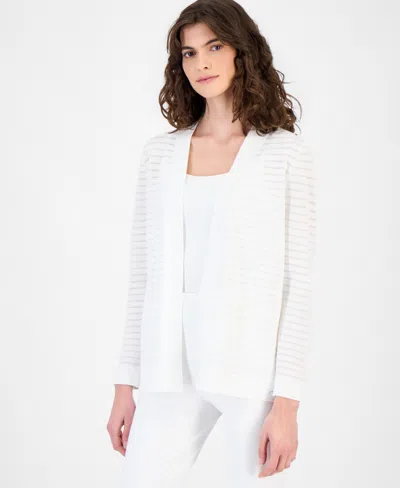 Anne Klein Petite Sheer Stripe Open-front Cardigan In Crisp White