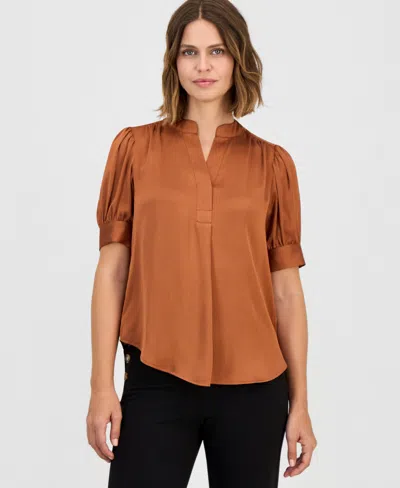 Anne Klein Petite Short Puff Sleeve Y-neck Blouse In Brown