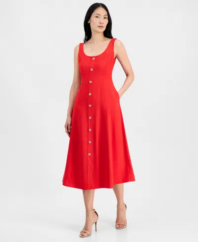 Anne Klein Petite Sleeveless Button Detail A-line Midi Dress In Red