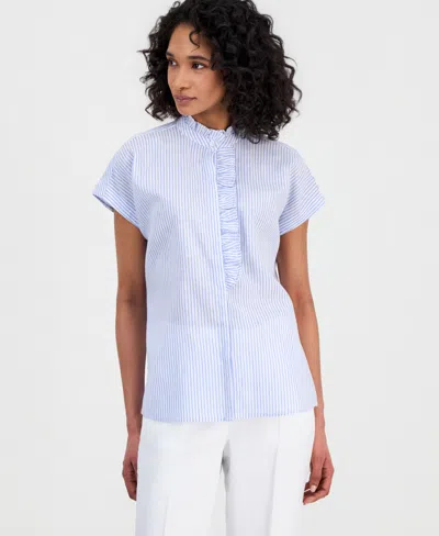 Anne Klein Petite Sleeveless Ruffle Neck Top In Blue
