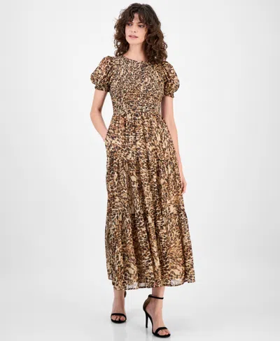 Anne Klein Petite Smocked Animal-print Maxi Dress In Brown