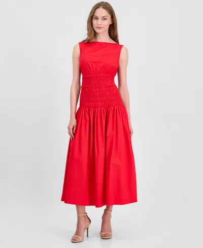 Anne Klein Petite Smocked Boat Neck Midi Dress In Red