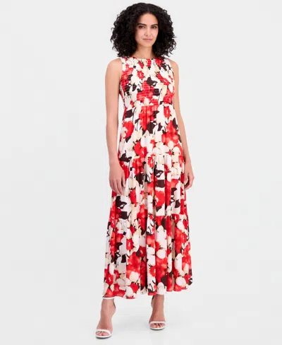 Anne Klein Petite Smocked Bodice Sleeveless Maxi Tier Dress In Multi