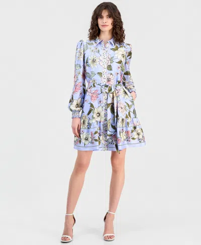 Anne Klein Petite Smocked Cuff Tiered Shirt Dress In Surf Blue Multi