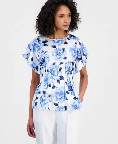 Anne Klein Petite Smocked Waist Flutter-sleeve Crew Neck Top In Blue