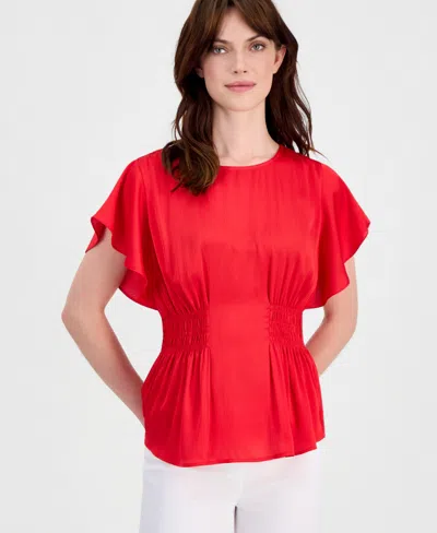 Anne Klein Petite Smocked Waist Peplum Crew Neck Top In Red