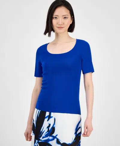 Anne Klein Petite Square-neck Short-sleeve Sweater In Santorini Blue