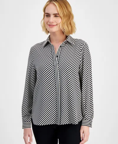 Anne Klein Petite Striped Covered-placket Long-sleeve Top In Anne Black,anne White Combo