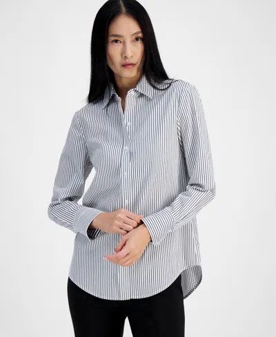 Anne Klein Stripe Cotton Poplin Button-up Shirt In Bright White/anne Blac