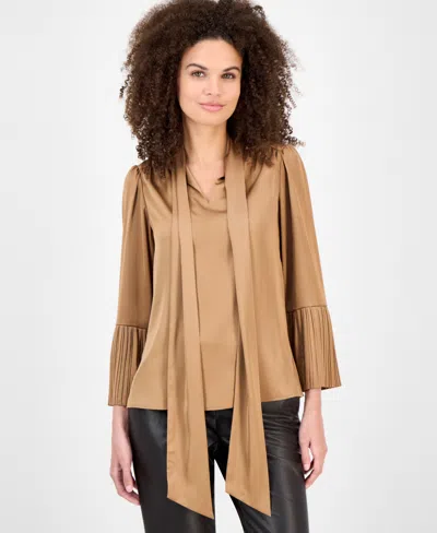 Anne Klein Petite Tie-neck Pleat-sleeve Blouse In Brown