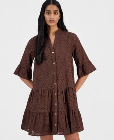 Anne Klein Petite Tiered Stand Collar Shirt Dress In Brown