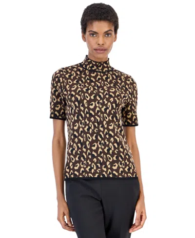 Anne Klein Petite Turtleneck Half-sleeve Animal-print Sweater In Multi