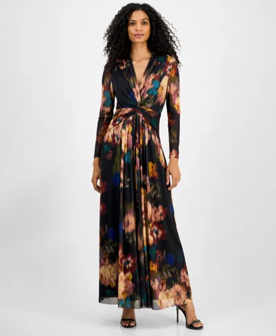 Anne Klein Petite Twist Front Mesh V-neck Maxi Dress In Multi