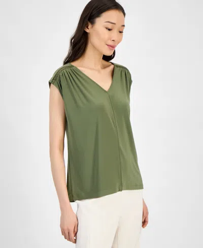 Anne Klein Petite V-neck Sleeveless Extended-shoulder Top In Green
