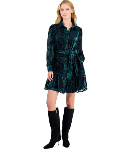 Anne Klein Petite Velvet Burnout Tiered Fit-and-flare Shirt Dress In Green