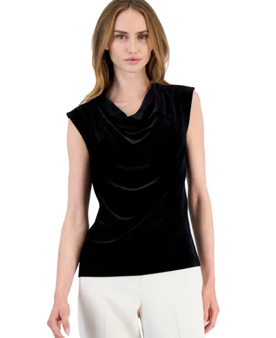 Anne Klein Petite Velvet Cowl Neck Sleeveless Blouse In Black