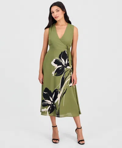 Anne Klein Petite V-neck A-line Midi Dress In Green