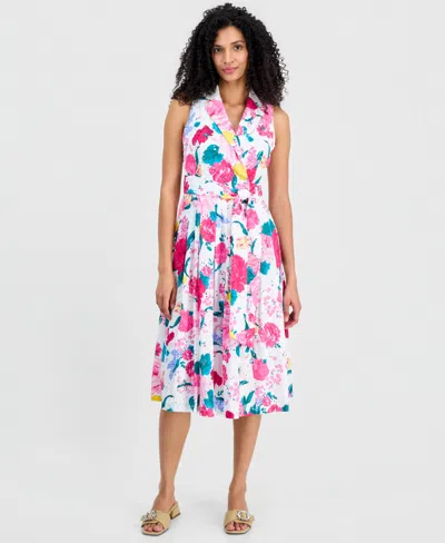Anne Klein Petite V-neck Notch Collar Printed Wrap Dress In Crisp White Multi