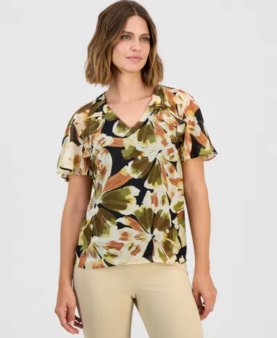 Anne Klein Petite V-neck Ruffle Sleeve Blouse In Multi