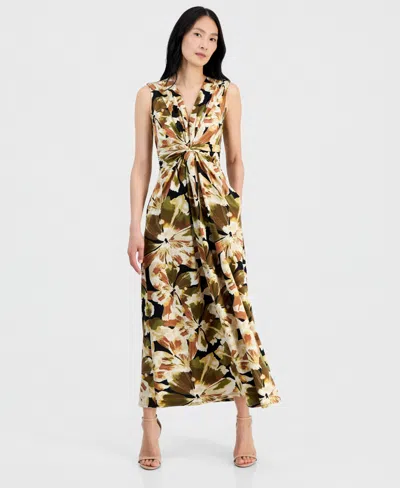 Anne Klein Petite V-neck Sleeveless Twist-front Maxi Dress In Multi