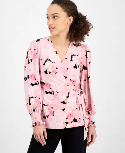 Anne Klein Petite Watercolor-print Smocked-cuff Wrap Top In Peony Pink Multi