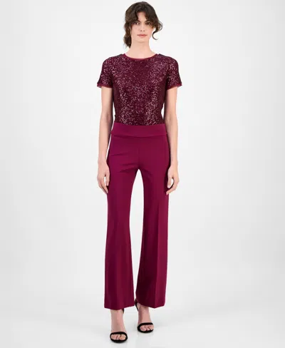 Anne Klein Petite Wide-leg Compression Pants In Burgundy