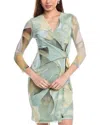 Anne Klein Botanical Print Long Sleeve Mesh Wrap Dress