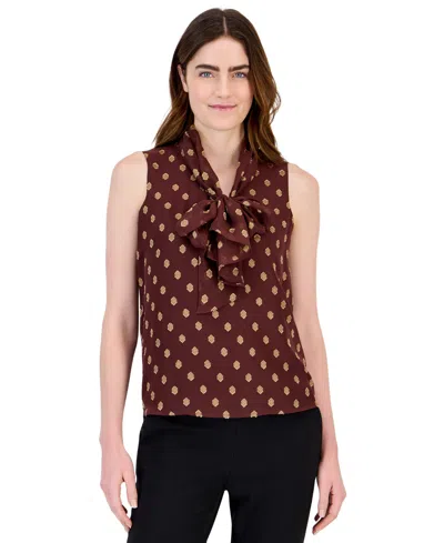Anne Klein Petites Bow Tie Front V-neck Sleeveless Blouse In Brown