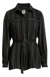 Anne Klein Pinstripe Belted Button-up Tunic In Black