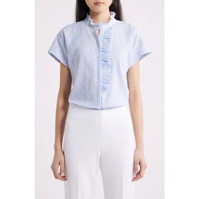 Anne Klein Pinstripe Ruffle Trim Linen Blend Button-up Top In Blue
