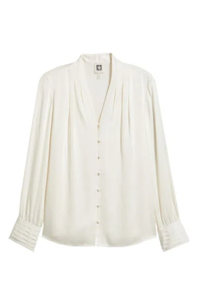 Anne Klein Pleat Front V-neck Button-up Shirt In White