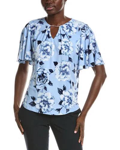 Anne Klein Pleat Neck Printed Top In Blue