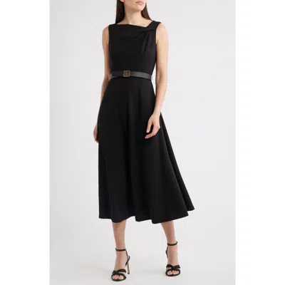 Anne Klein Pleated Asymmetric Belted Dress In Black