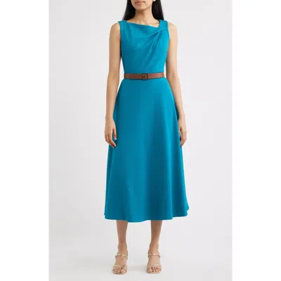 Anne Klein Pleated Asymmetric Belted Dress In Blue