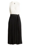 Anne Klein Pleated Belted Surplice V-neck Dress In Anne Black