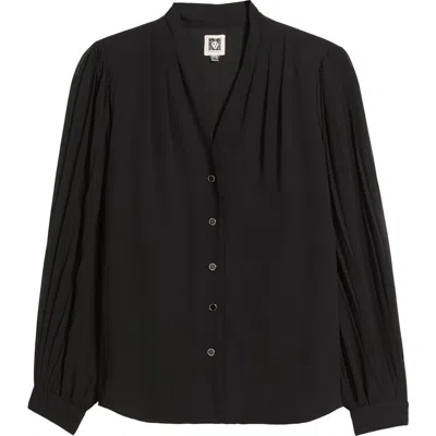 Anne Klein Pleated Chiffon Button-up Shirt In Black