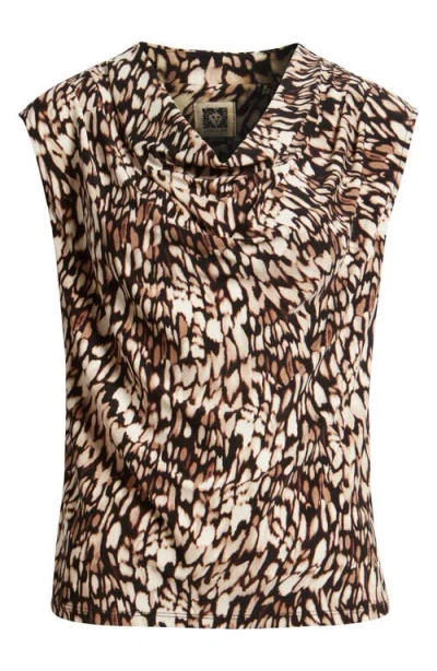 Anne Klein Pleated Cowl Neck Top In Brown