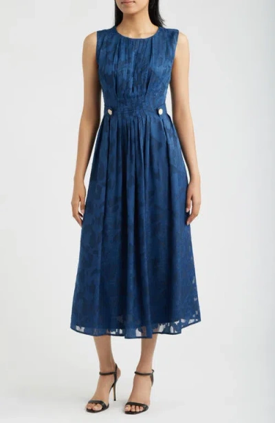 Anne Klein Pleated Floral Jacquard Midi A Line Dress In Blue