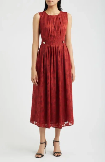 Anne Klein Pleated Floral Jacquard Midi A Line Dress In Brown