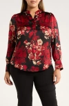 Anne Klein Pleated Print Split Neck Top In Black
