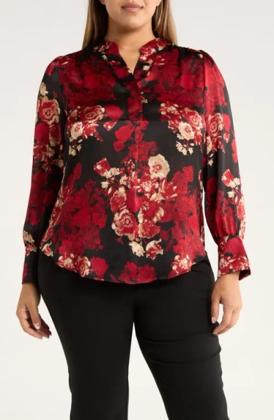 Anne Klein Pleated Print Split Neck Top In Black