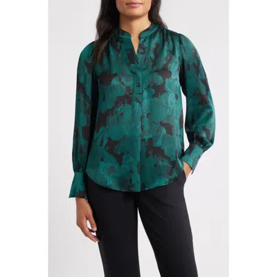 Anne Klein Pleated Print Split Neck Top In Multi